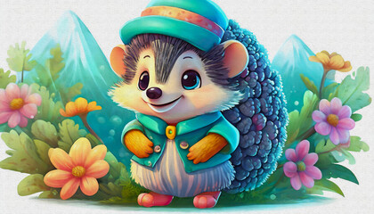 oil painting style  CARTOON CHARACTER illustration  CUTE BABY hedgehog isolated on white background 