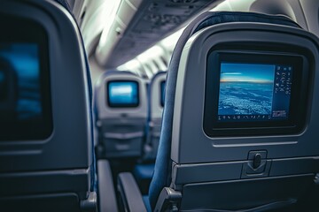 In an economy class seat on a wide-body aircraft, there is an entertainment system.