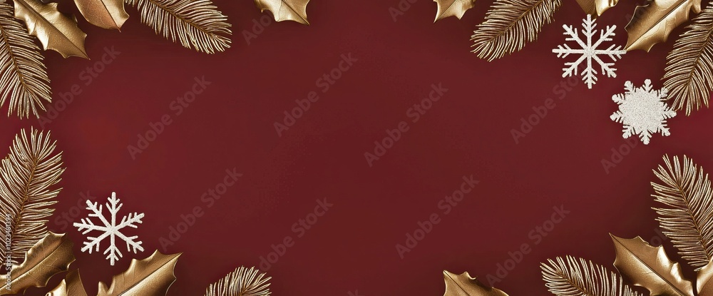 Poster The background of this illustration is red and features a gold frame filled with leaves and snowflakes. This design element can be used for Christmas or New Year cards, banners. The illustration is