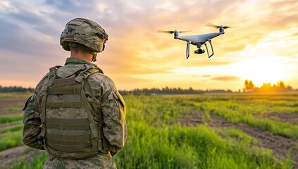 Soldier in Full Gear Walking Through the Field with Drone Flying Above Capturing Aerial View of Combat