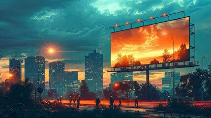 Large billboard installation on city street. Workers placing, installing blank advertising banner background for commercial promotion. Preparing for urban marketing campaign. Flat vector illustration