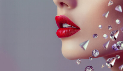 a woman with red lipstick and diamonds on her face and nose, with a silver background and a silver background