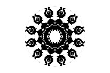 Black and white mandala design with intricate patterns on a clean white background, featuring perfect symmetry