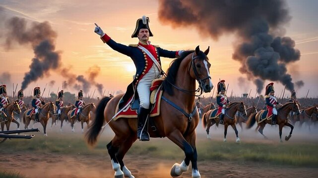 Napoleons French soldiers during a fierce confrontation at sunset with cavalry charging and smoke rising in the background