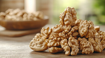 Fototapeta premium Fresh walnuts piled on wooden table, showcasing their unique textures and patterns. warm tones and natural setting evoke sense of rustic charm and healthy eating