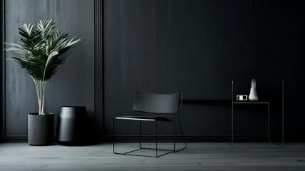 Minimalist interior featuring a black chair, plant, and table against a dark wall.