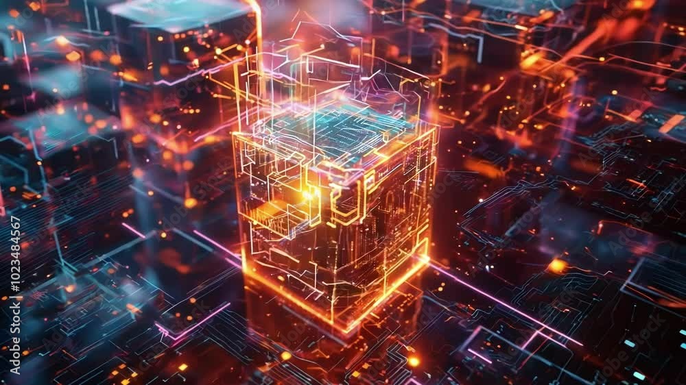 Poster glowing cube with intricate circuitry symbolizing blockchain technology's power and interconnectedne