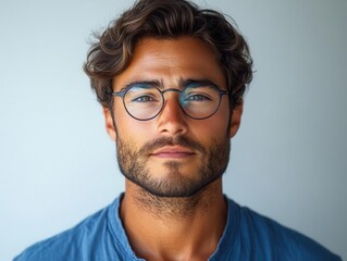 Obraz premium close-up portrait of a sophisticated young man with glasses, dressed neatly in a blue shirt, set against a bright white background, emphasizing modernity and style