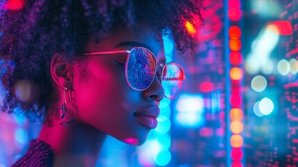 Vibrant neon lights illuminate a stylish woman with afro hair and reflective sunglasses, creating a futuristic cyberpunk atmosphere in an urban nightscape.