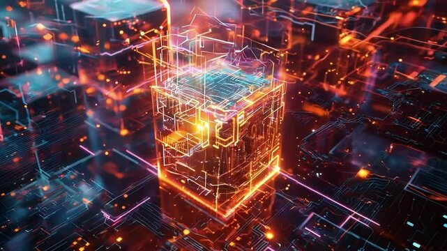 Glowing cube with intricate circuitry symbolizing blockchain technology's power and interconnectedness in finance, evoking complex digital security