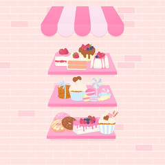 Sweet bakery shop on brick wall background