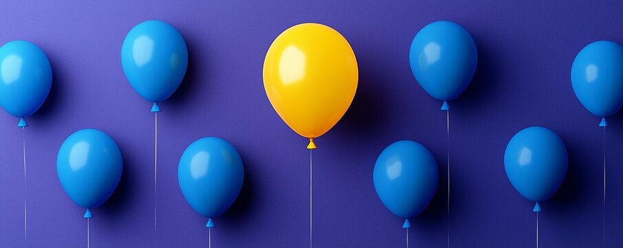 One glowing yellow balloon among blue balloons, symbolizing uniqueness and individuality on a purple backdrop