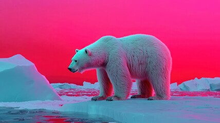 Fototapeta premium A majestic polar bear stands on ice against a vibrant pink and blue background, showcasing the beauty of the Arctic environment.