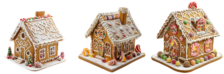 A classic gingerbread house decorated with white icing and colorful candy, isolated on a transparent background