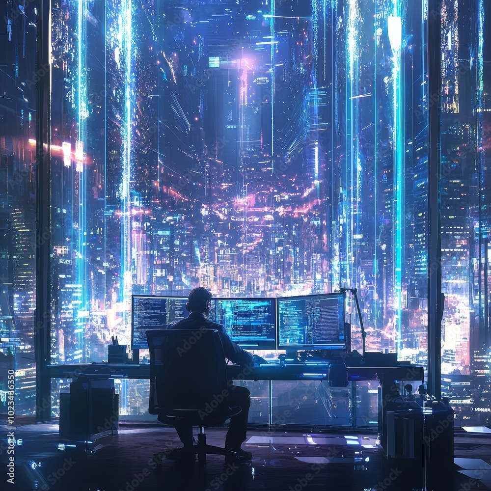 Poster In the cutting edge vision, a tech guru uses a laptop amidst a warehouse, creating streamlined digitalization with server-based information. SAAS, Cloud Computing, Web Services are integrated.