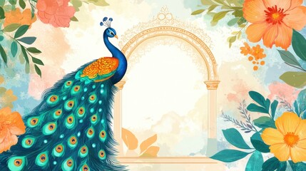 Fototapeta premium Elegant Mughal garden illustration with a peacock, framed by an arch and flowers, traditional Indian design for decorative invitations