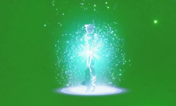 A character teleporting, vanishing in a cloud of glowing particles and reappearing in a flash, on a green screen background.