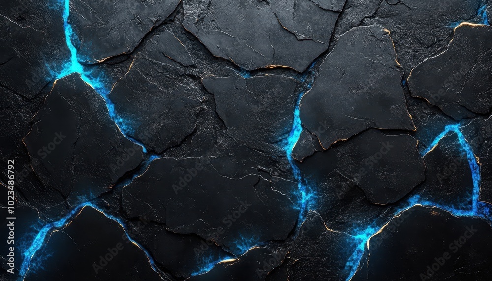 Poster Abstract Crack Pattern on Dark Surface with Blue Glowing Lines