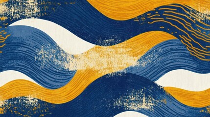 Obraz premium Abstract wave pattern with blue, yellow, and white colors, suitable for backgrounds or textiles.