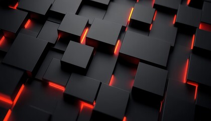 Obraz premium Abstract Pattern of Black Cubes with Glowing Red Lines