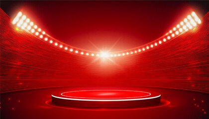 Abstract red lighting tech background stadium stage hall with scenic lights of round futuristic technology half black vector empty stage spotlight background.Generative AI