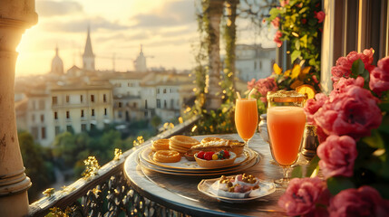 Cityscape Sunset with Dessert and Drinks on Balcony 3D Illustration