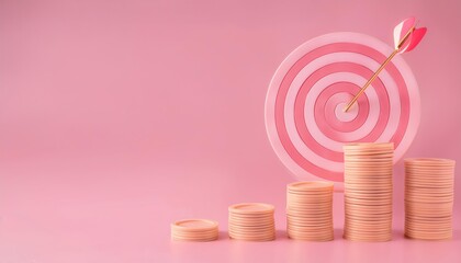 Financial Growth and Success:  3D rendering of upward trending graph with stacks of coins and bullseye target