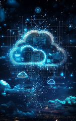 Futuristic cloud computing concept with glowing data connections on a dark blue background.