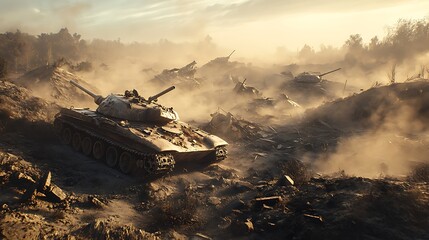 A desolate battlefield with abandoned tanks amidst a foggy landscape.