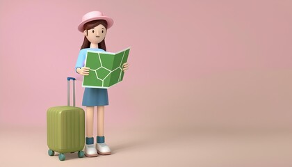 Adventure Awaits: A cheerful cartoon girl, ready for travel, stands with a suitcase and a map, her eyes filled with anticipation. The pink backdrop adds a touch of whimsy to the scene.