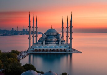 Obraz premium Majestic Skyline of the Blue Mosque with Four Minarets Against an Orange Sunset Sky in Istanbul