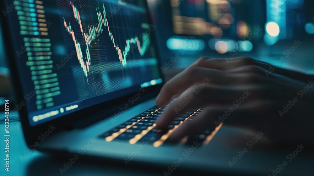 Poster hands typing on laptop with stock market chart displayed
