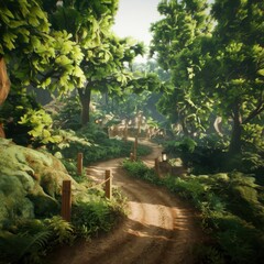 Obraz premium A cinematic shot of a lush forest with a winding dirt path. The forest is filled with tall trees covered in green leaves. The ground is covered with a layer of green moss and ferns. There are wooden p