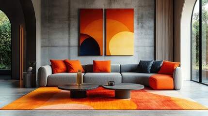 A contemporary living room with bold colors