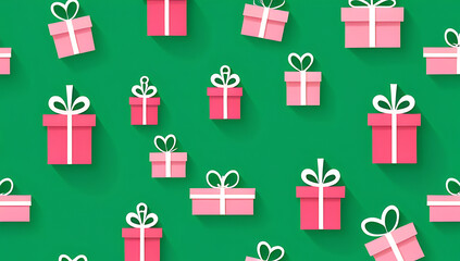 green pink christmas gifts arranged green background