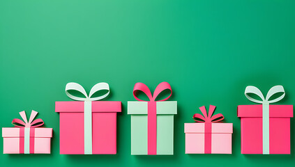 green pink christmas gifts arranged green background