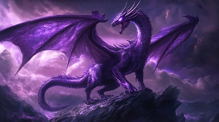 A majestic purple dragon perched on a rocky outcrop under a stormy sky, embodying fantasy and power.