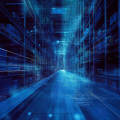 A surreal, neon-lit blue digital landscape with layers of data streams and a high-tech city atmosphere in warehouse, It conveys a sense of fast-paced digital innovation and technology advancement.