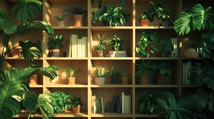Lush green indoor plants displayed on wooden shelves, casting shadows against a softly lit wall.