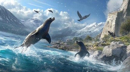 Seals playing in the surf near a rocky shore, their joyful movements creating splashes as they dive and swim.