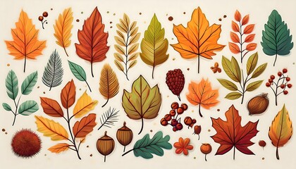 A vibrant collection of autumn leaves, rowan berries, acorns, and chestnuts in artistic flat design. Generative AI
