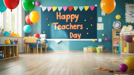 A vibrant classroom is adorned with balloons and a heartfelt message celebrating Teachers Day