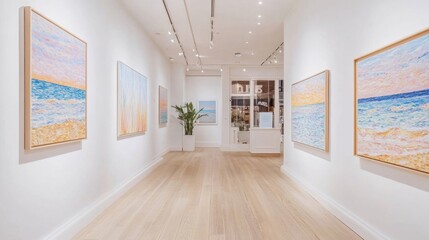 Fototapeta premium Minimalist art gallery with white walls and beautiful, colorful paintings that stand out under soft lighting.