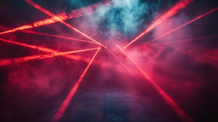 A dynamic scene featuring red laser beams cutting through a smoky atmosphere, creating an intriguing light display.