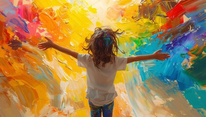 A joyful child stands with open arms in front of a vibrant, abstract canvas. The scene captures the spirit of artistic expression and youthful wonder.