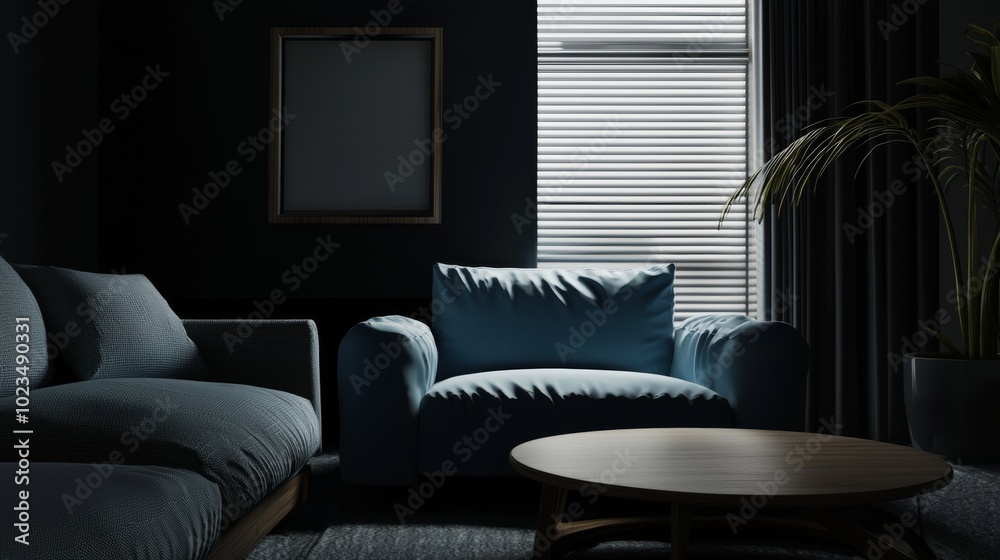 Poster the interior design of a modern living room features a dark blue sofa and recliner. the scene was cr
