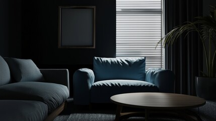 The interior design of a modern living room features a dark blue sofa and recliner. The scene was created using the generative arts method.