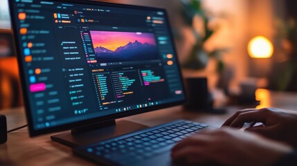 A person coding on a computer, with a colorful sunset displayed on the screen, creating a vibrant workspace atmosphere.