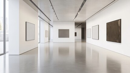 Fototapeta premium Modern art gallery with paintings elegantly hung on clean white walls, creating a serene and open space.