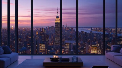 Modern living space with towering windows, offering a breathtaking panoramic view of a vibrant city illuminated at dusk.